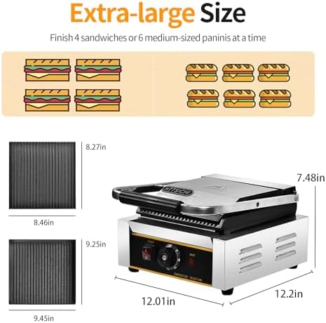 Commercial Panini Press - 1800W Commercial Electric Panini Sandwich Grill w/Nonstick Coating & Adjustable Temp, Panini Grill Press w/ 9" x 9" Cooking Pan, Double-sided Heating - Image 2