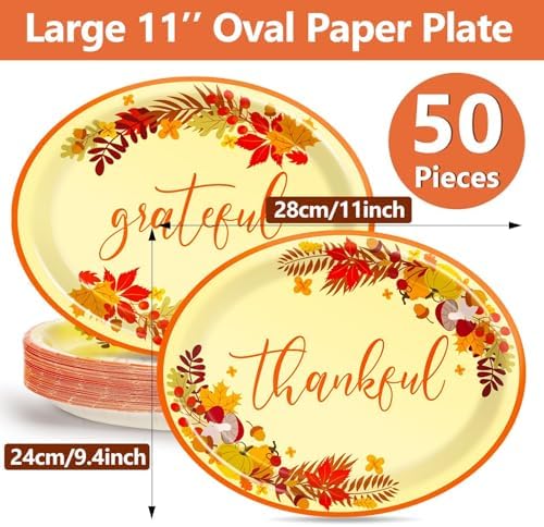 Qyeahkj 50 PCS Thanksgiving Oval Paper Plates Large 11” Heavy Duty Disposable Give Thanks Plates Fall Party Decorations Autumn Maple Leaf Serving Tray Fall Party Tableware Set - Image 2