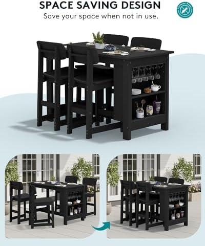 SERWALL 8-Piece Outdoor HDPE Counter-Height Bar Dining Set for 6, Black - Image 5