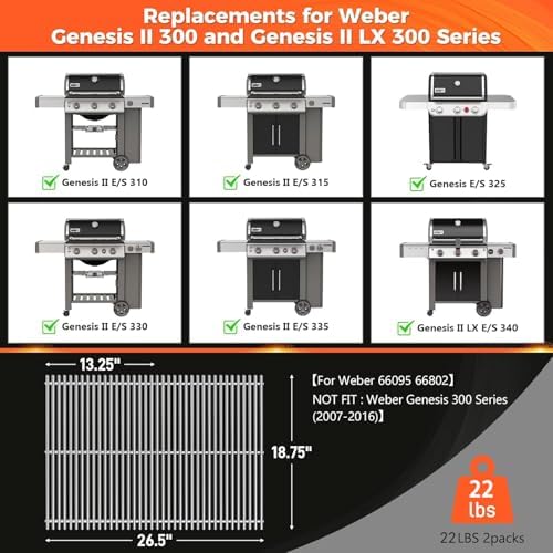 9MM 18.75" Grill Grates for Weber Genesis II 300, 304 Stainless Steel 66095 - Image 2
