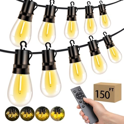 Outdoor Patio String Lights: S14 Shatterproof Bulb Outside Waterproof Light - 150FT 45M Remote Dimmable Connectable Hanging Outdoor Electric Lighting - Garden Backyard Yard Gazebo Porch Party by Vozuji