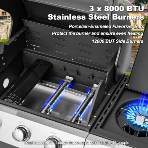Upgraded 3 Burner 36000 BTU Propane Gas Grill with Side Burner - Image 5