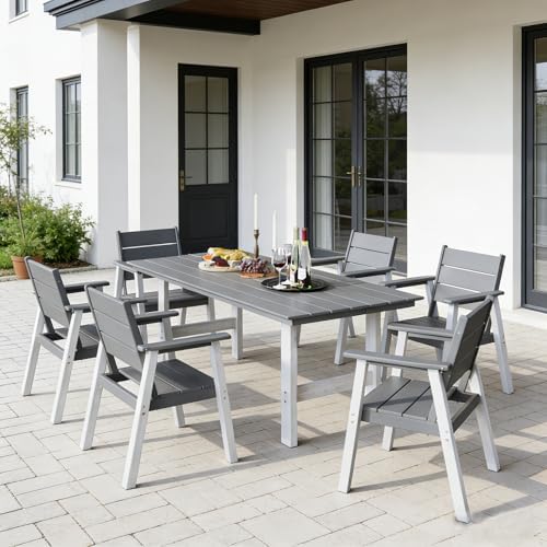 Outdoor Dining Set for 6, 7-Piece Patio Table and Chairs Set, HDPE Outdoor Dining Table and Chairs with Umbrella Hole, All-Weather Dining Furniture Set,White Grey - Image 2