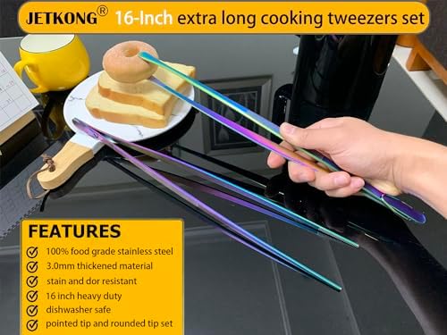JETKONG 2 Pcs 16-Inch Stainless Steel Fine Tongs Extra Long Chopstick Tongs Long Kitchen Forceps for Cooking (Rainbow) - Image 3