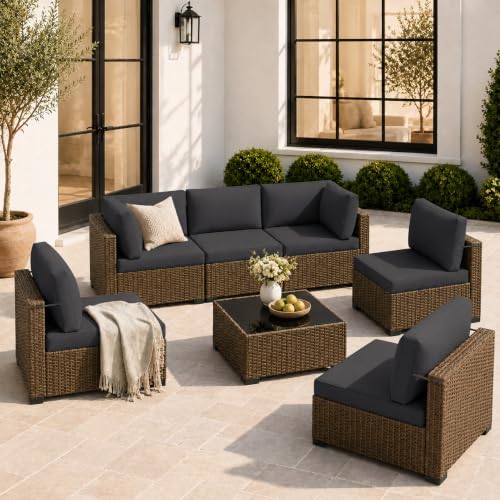 LOUVIXA 7 Piece Outdoor Patio Furniture Set, Outdoor Sectional Sofa, Wicker Rattan Patio Furniture, Patio Conversation Set with Coffee Table & Cushions by LOUVIXA