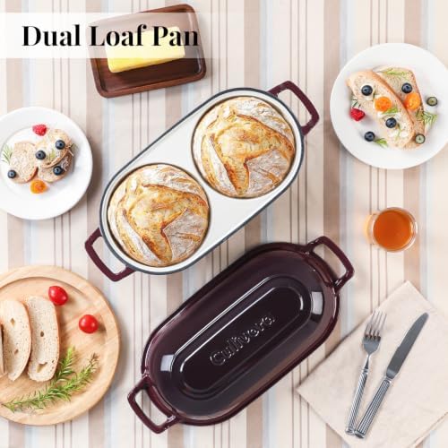 Cast Iron Double Dutch Oven, Mini Enamel Sourdough Bread Pan with Lid, Fig - Image 2