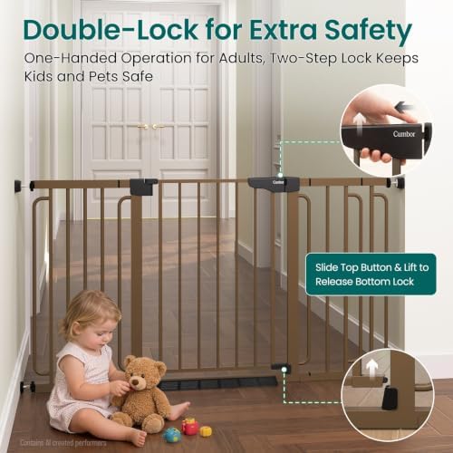 Cumbor 30.4-56.8" Extra Wide Baby Gate, Auto Close Dual Lock Dog Gate Brown - Image 3