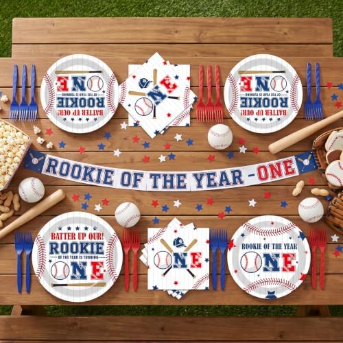 Rookie of the Year First Birthday Decorations, 96Pcs Rookie Year 1st Paper Plates and Napkins Party Tableware Decorations, Baseball Theme One Years Old Forks Decor Supplies for Sports Baby Boy - Image 5