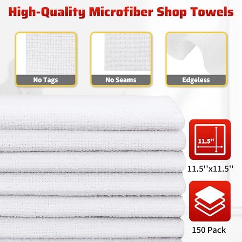 White Microfiber Cleaning Cloth, 150 Pack Shop Towels All-Purpose Cleaning Rags, Bulk Lint-Free Washcloth Reusable Microfiber Towels for Cars Mechanic Garage & Housekeeping 11.5"*11.5" - Image 2