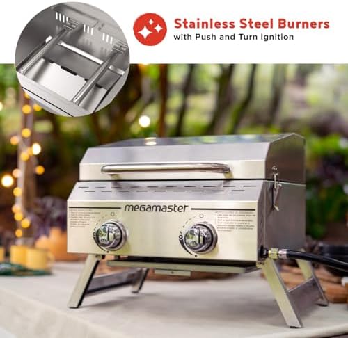 Megamaster Tabletop 2 Burner Gas Grill, Stainless Steel with Foldable Legs - Image 5