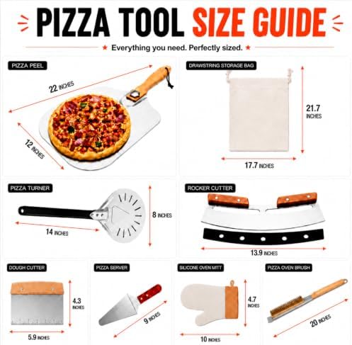 Pizza Peel Set, 8 Piece Pizza Oven Accessories Kit, 12x14 Inch Aluminum Pizza Paddle with Foldable Wooden Handle, 8 Inch Perforated Mini Peel, Rocker Cutter, Scraper, Server, Brush, Glove & Bag - Image 2