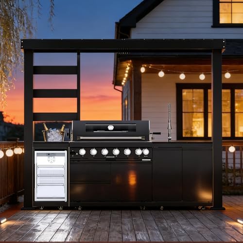 108-Inch 6-Burner 85000 BTU Propane Gas Grill Island with Shed, 304 Stainless Steel Black, 684 Sq.In Cooking Area, Wine Cooler, Rotisserie & Granite Countertops for Backyard BBQ, Black by Dvasovio