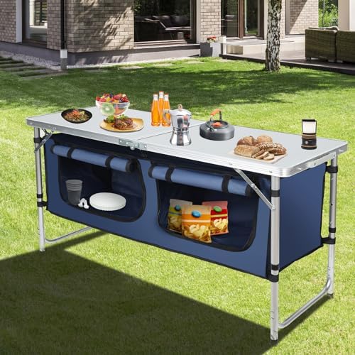 Outdoor Folding Camping Table with Storage Organizer(Blue) - Image 2