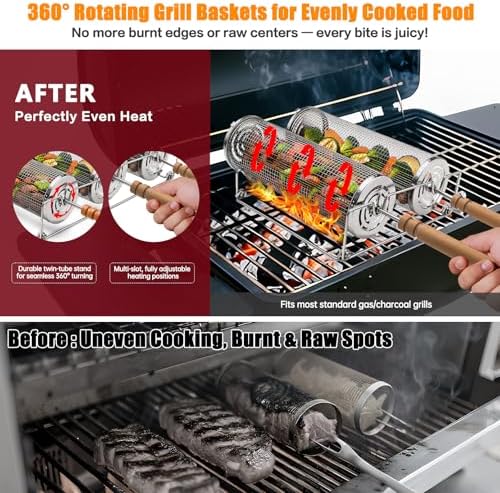 Rolling Grill Basket,Removable Wooden Handle with Condiment Bottle and Stand, 304 Stainless Steel,Nesting BBQ Tools, Smoker Grilling Accessories for Vegetable Shrimp, Birthday Gifts for Men Dad Husban - Image 4