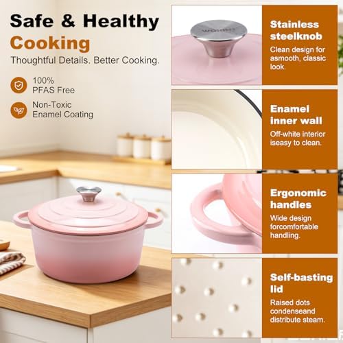 Enameled Cast Iron Round Dutch Oven -7QT Pot With Lid,Pink - Image 6