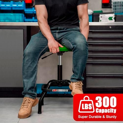 Shop Stool with Backrest, Mechanic Garage Stool for Workshop, Adjustable Shop Stools Chair, Padded Workbench Stools for Men Women, 300 LBS Capacity, 360° Swivel PVC Seat, Heavy Duty, Green - Image 3