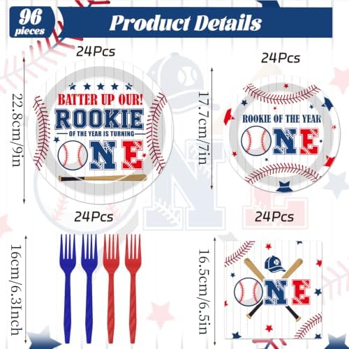 Rookie of the Year First Birthday Decorations, 96Pcs Rookie Year 1st Paper Plates and Napkins Party Tableware Decorations, Baseball Theme One Years Old Forks Decor Supplies for Sports Baby Boy - Image 2