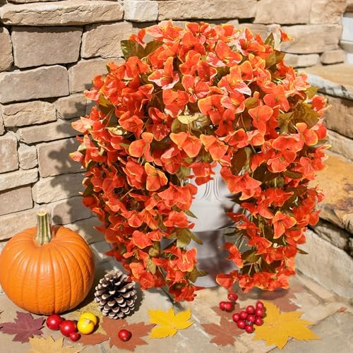 Bougainvillea Artificial Flowers Plants for Outdoors Outside Fall Autumn Decor, 2 pcs Faux Silk Long Trailing Vines UV Resistant Look Real Orange Fake Flowers for Front Door Porch Planter Urn Patio - Image 4
