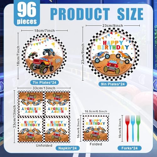 96 Pieces Monster Truck Birthday Tableware Set – Race Car Theme Disposable Plates, Napkins, and Forks for Kids Birthday Party or Racing Event, Serves 24 Guests - Image 2