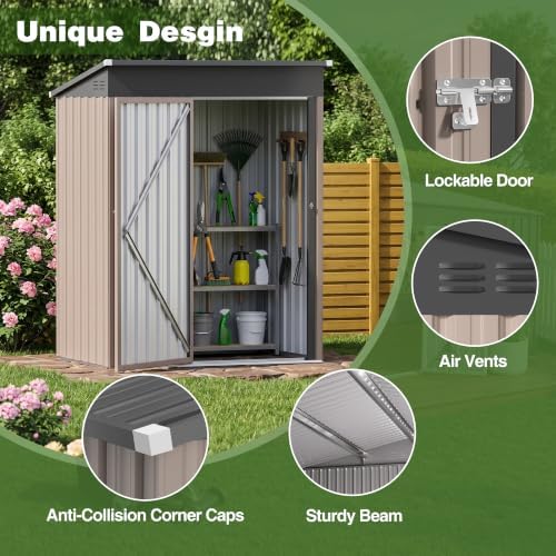 5 x 3 FT Outdoor Storage Shed, Waterproof Metal Garden Tool Shed with Sloped Roof, Magnetic Light, Lockable Door & Air Vents for Backyard Patio Lawn, Brown - Image 6