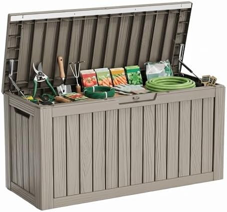 86 Gallon Deck Box, Lockable Waterproof Outdoor Storage Boxes For Garden Tools,Indoor Cushions,Accessories Outside Storage Resin Weatherproof Container(Grey) by MAIUSCOLI