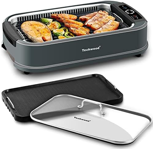 Techwood Indoor Grill Smokeless Grill, 1500W Indoor Korean BBQ Electric Tabletop Grill with Tempered Glass Lid, Removable Grill and Griddle Plates with Drip Tray, Gray by Techwood