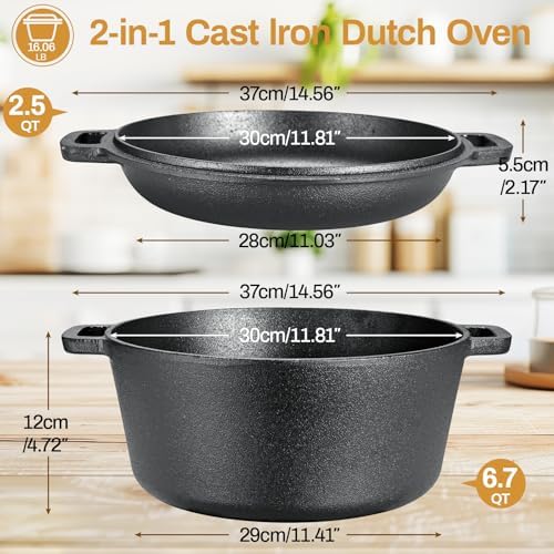 TLGREEN Cast Iron Dutch Oven 6.7QT Pot 2.5QT Skillet Lid Silicone Holders - Image 2