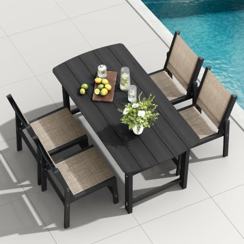 HDPE Outdoor Dining Set, Patio Table and 4 Stackable Armless Chairs, Black by Suunyn