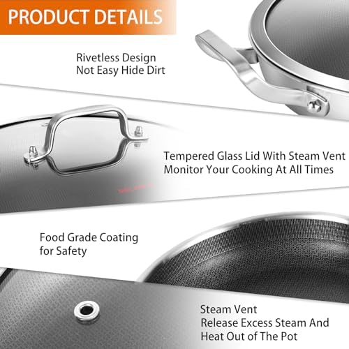 DELARLO Skillet With Lid,Tri-Ply Stainless Steel Pan,12 Inch Non Stick Paella Pan,Skillets And Frying Pans,Nonstick skillet Kitchen Oven Safe Skillet,Heavy Duty Style - Image 5