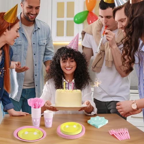 Kochorie 144 Pcs Preppy Smile Party Tableware Supplies, Disposable Paper Plates Napkins Cups Forks Set, Serves 24 Guests for Smile Face Theme Baby Shower Birthday Party Decorations - Image 6