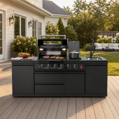 85" Modular Outdoor Kitchen Island,4-Burner 72,000 BTU Stainless Steel Propane Grill with Side Burner,Infrared Burner,Sink,Storage Cabinets,and Granite Countertop.Gas Grill for Backyard & Patio BBQ. by Unknown
