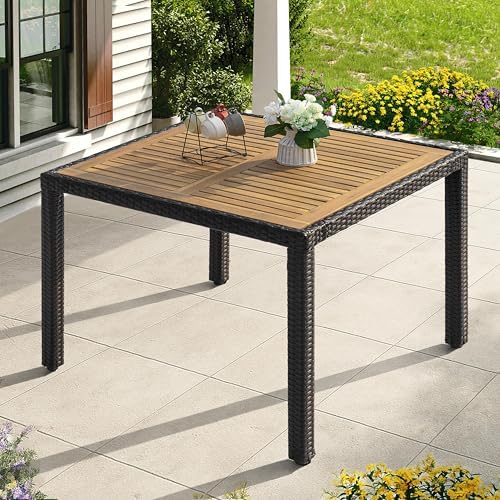 NUU GARDEN 35 Inch Square Outdoor Patio Dining Table for 4, Acacia Wood Tabletop Table with Rattan Wrapped Metal Frame, All Weather Patio Table for Garden Backyard Lawn, Black - Image 4