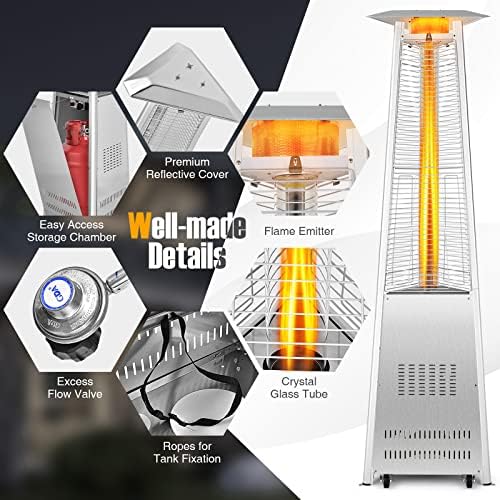 Tangkula Patio Propane Heater, 42,000 BTU Pyramid Outdoor Heater with Tip-Over and Flameout Protection, Quartz Glass Tube, Wheels - Image 6
