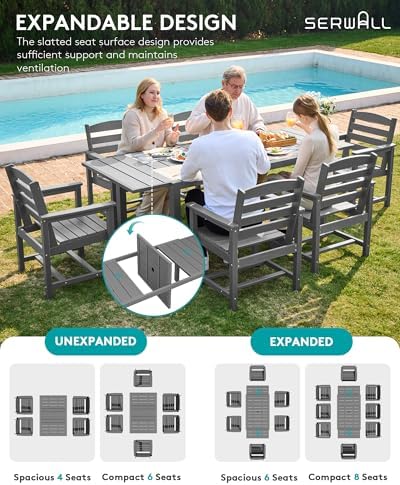 SERWALL 60" - 83" Expandable Outdoor Dining Table and 6 HDPE Chairs, Grey - Image 2