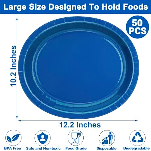 50 Pcs Oval Blue Plates Disposable Blue Paper Plates Party Dinnerware Set - Image 2