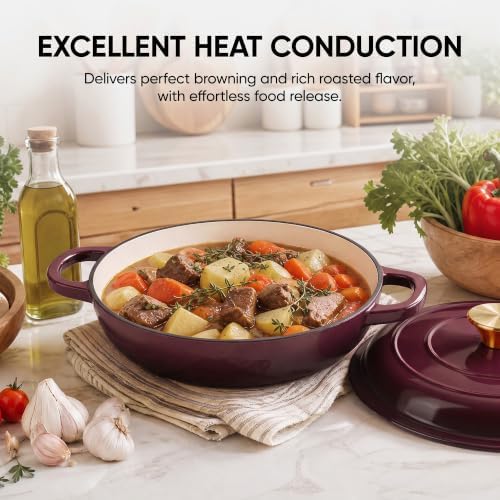 Dutch Oven Enameled Cast Iron with Lid - Big Dual Handles - Oven Safe up to 500°F - Classic Round Pot for Versatile Cooking 3 QT Shallow Pot Fig - Image 5