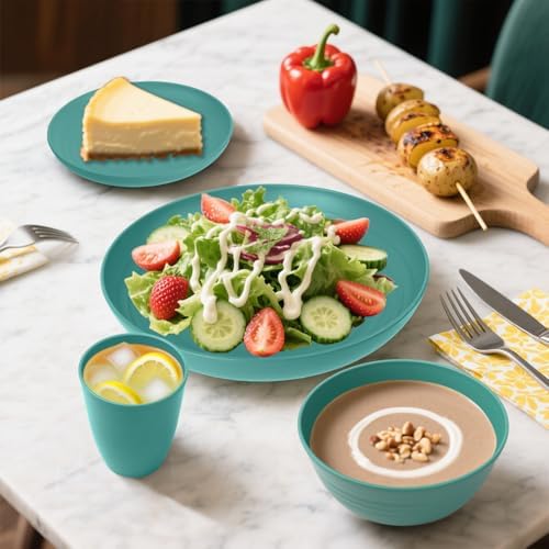 Wheat Straw Dinnerware Sets, 32 PCS Dishes Set for 8, Unbreakable Plates and Bowls Sets, Microwave Safe Dinnerware Set for Kitchen Outdoor Camping RV - Green - Image 3
