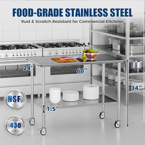 Stainless Steel Work Table with Wheels, 24x60 Inch NSF Kitchen Prep Table with Adjustable Undershelf for Commercial Restaurant, Garage, Outdoor BBQ - Image 3