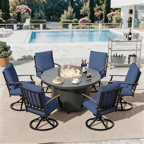 7 Piece Metal Outdoor Patio Furniture Set with 48"/55000 BTU Round Fire Pit Table,Outdoor Dining Table Set 6 Swivel Chairs No-Slip Cushions and Waterproof Covers,Navy by TrumbeakFurniture