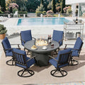7 Piece Metal Outdoor Patio Furniture Set with 48"/55000 BTU Round Fire Pit Table,Outdoor Dining Table Set 6 Swivel Chairs No-Slip Cushions and Waterproof Covers,Navy by TrumbeakFurniture