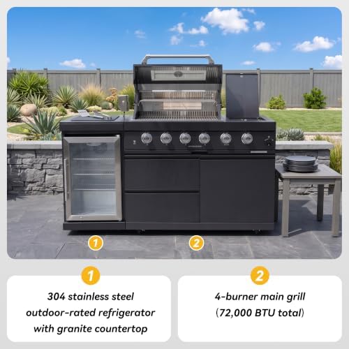 65-Inch 4-Burner 72000 BTU Stainless Steel Outdoor Kitchen Island Propane Gas Grill + Wine Cooler Refrigerator + Rotisserie Kit + Granite Countertops - For Large Backyard Gatherings, Black - Image 6