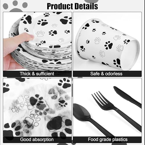 Kochorie 400 Pieces Black Paw Disposable Party Tableware Sets Dog Puppy Supplies Including Plates Cups Napkins Cutlery Serves 50 for Birthday Puppy Theme Party Decorations - Image 3