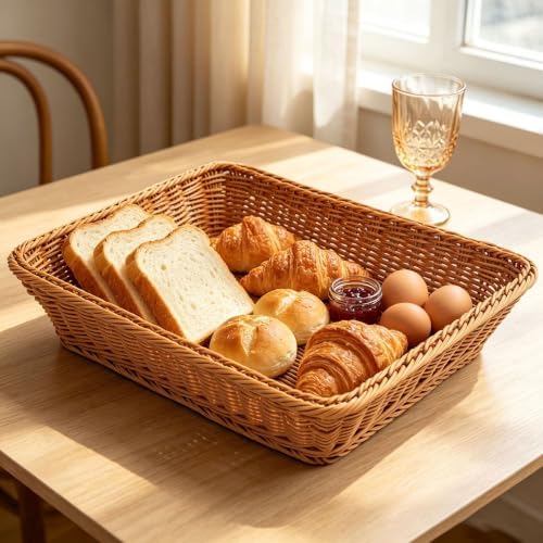 RT&BS 2pcs Large Wicker Bread Basket for Serving, Wicker Fruit Basket, Display Baskets for Vegetable Fruit, Reusable Handwoven Serving Baskets for Kitchen, Store, Restaurant, Outdoor (Brown, L) - Image 2