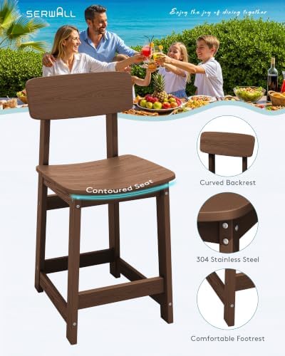 SERWALL 3-Piece Outdoor HDPE Counter-Height Bar Set with 2 Stools, Brown - Image 3