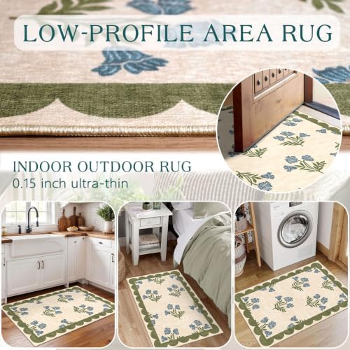 Front Door Mat Outside Entrance - 2x3 Floral Non-Slip Washable Doormat Indoor Outdoor Door Mat Sage Blue Floral Entry Rug Small Throw Rugs for Entryway Kitchen Front Porch Decor - Image 5