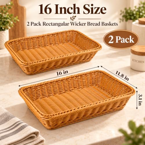 2 Pack Wicker Bread Baskets, 16 Inch Rectangular Serving Trays - Image 2