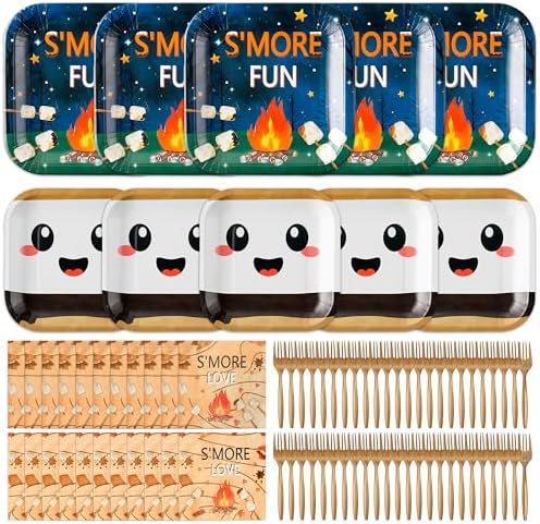 S’Mores Camping Party Plates Supplies - Serves 48-192Pcs S’More Love Fun Campfire Party Tableware Decorations Disposable Paper Plates Napkins Forks Birthday Baby Shower by G1ngtar