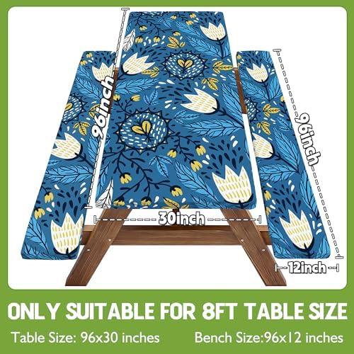 Picnic Table Cover with Bench Covers Waterproof Elastic Rectangle Tablecloth Camping Essentials Supplies Rv Car Travel Gear Must Haves Accessories Fitted Table Cloth Outdoor Road Trip Camper Gifts 8ft - Image 2