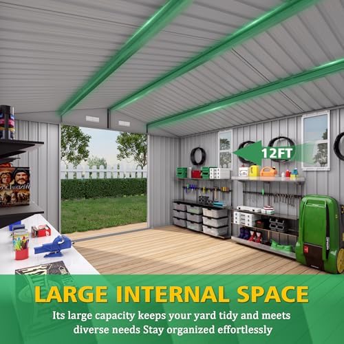 Metal Storage Shed 12x4FT Lean-to Outdoor Tool Shed with Double Doors, Galvanized Steel Frame Garden Storage Organizer, Hardtop Gazebo Combo for Patio Backyard Workshop Lawn Equipment Storage - Image 4