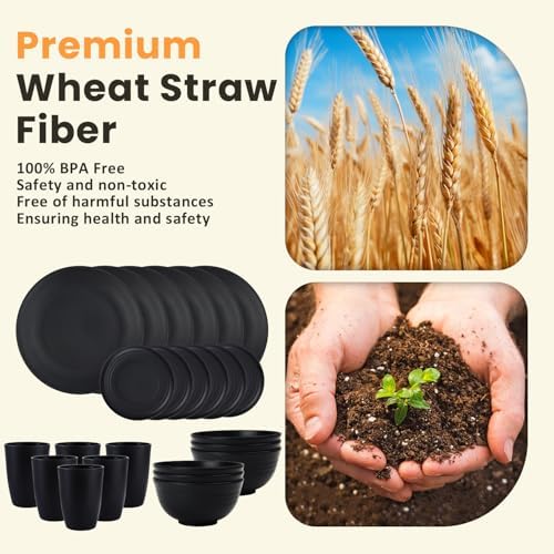 Homienly 24-Piece Wheat Straw Dinnerware Sets,Service for 6 - Cups, Plates and Bowls Sets,Reusable Dishwasher and Microwave Safe Melamine Dinnerware Set for Home,Camping,RVs - Black - Image 3